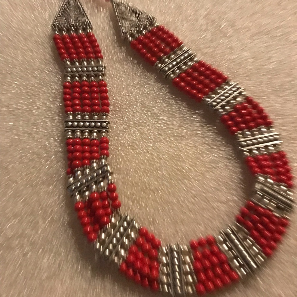 Handmade Red Beaded Statement Necklace - Silver Accents